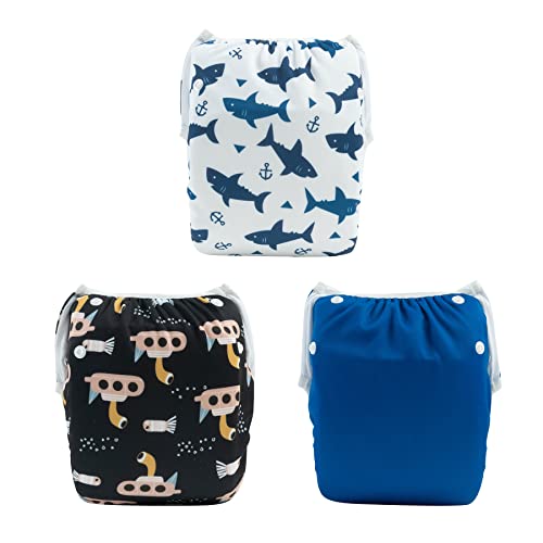 ALVABABY Large Swim Diapers Baby & Toddler Snap One Size Reusable Adjustable Baby Boy (Summer Vacation Large 3ZSWY16 - Thumbnail 2