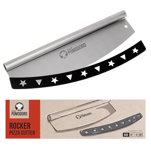 Chef Pomodoro Pizza‑Wiegemesser, Profi‑Pizzaschneider, Mezzaluna Cutter, großes Werkzeug aus rostfreiem Edelstahl mit Schutzhülle und...