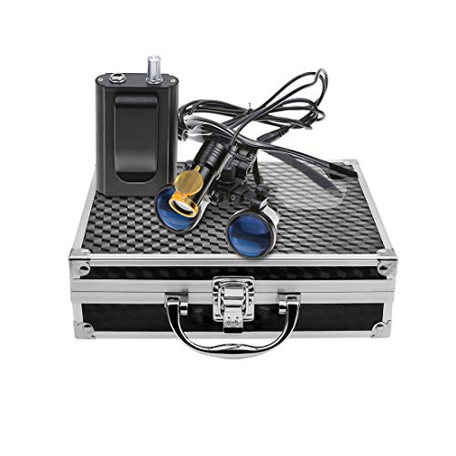 DOC.ROYAL Surgical Binocular Loupes Dental Loupes 3.5×420mm with 5W Portable LED Plastic Headlight Plug in Clip Head Light Aluminum Box (Black)