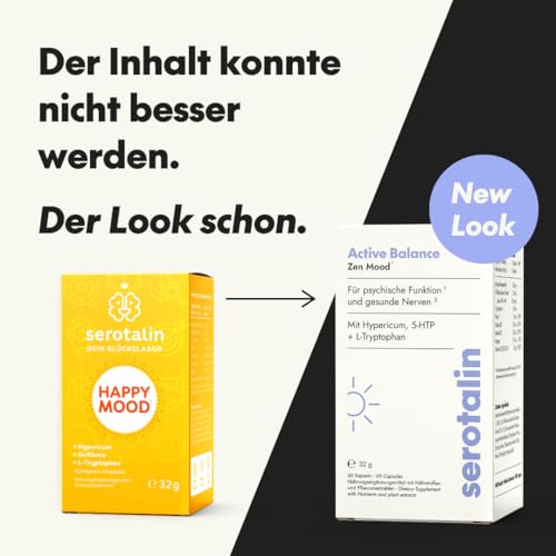 serotalin Active Balance Zen Mood | 60 hochdosierte Johanniskraut Kapseln mit Griffonia & L-Tryptophan, Vitamin D3, B-Komplex & Mangan | Ohne Koffein | Vegan