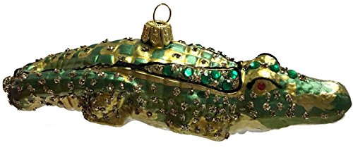 Pinnacle Systems Green and Gold Jeweled Crocodile Polish Glass Christmas Ornament Animal Wildlife
