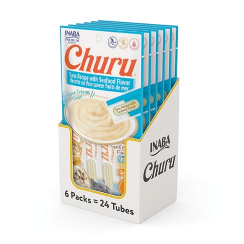 Image of INABA Churu Cat Treats, Grain-Free, Lickable, Squeezable Creamy Puree Cat Treat /Topper with Vitamin E & Taurine, 0.5 Ounces Each Tube, 24 Tubes (4 per Pack),Tuna Recipe with Seafood Flavors