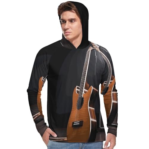 Men's Sun Shirts UPF 50+ Rash Guard Long Sleeve Sun Protection Hoodie Musical Instrument Guitar Lightweight Shirt XL White2