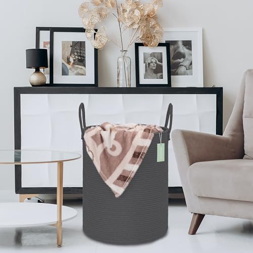 Image of Large Cotton Rope Laundry Hamper for Clothes 65L, Dark Gray