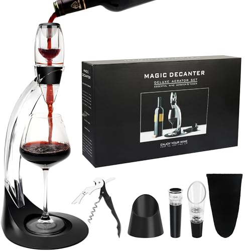 AUROAY Aérateur de Vin avec Support, Décanteur a Vin avec Tire-bouchon, Verseur, Bouchon sous Vide et Sac d'Aérateur, Carafe à vin pour Vin Rouge - Noir