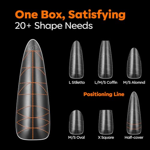 Image of modelones Long Almond Guiding Line Nail Tips, Stiletto Soft Gel Tips Fake Nails False Acrylic Extensions Seamless Accurate Positioning Scale Line, Full Matte Professional Nail Salon 216PCS 12Sizes