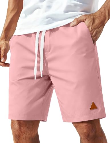 COOFANDY Mens Casual Shorts Summer Drawstring Chino Short 9 Inch Inseam Stretch Golf Shorts with Zipper Pockets (Pink Large)