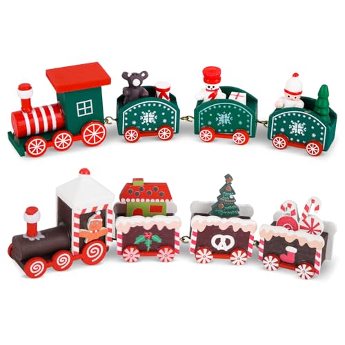 2 Stück Weihnachten Zug Deko, Mini Weihnachtszug Holz, Grün Braun...