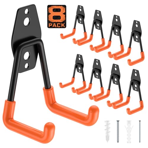 Cpais Garage Hooks with Anti-Slip Coating,Heavy Duty Wall Mount Storage Hooks for Hanging Bike,Hose,Ladder,Yard,Garden Tools (8 Pack Orange 4.5x2.75 inch)