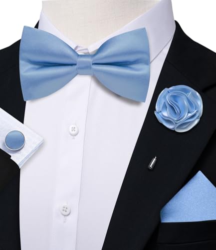 Image of Solid Color Bow Ties for Men Silk Pre-tied Tuxedo Bowtie Set 4PCS | Pre-tied in 3 seconds,adjustable 4PCS bow tie and pocket square cufflinks lapel pin set,wedding,formal,party,prom,graduation