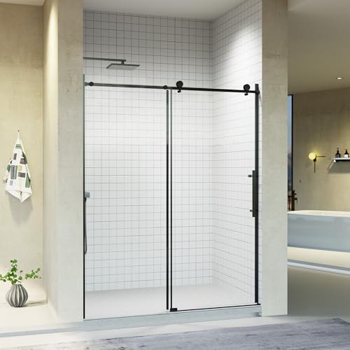 Image of 56-60 inch W x 76 inch H Frameless Sliding Shower Door, Stainless Steel Round Tube Bathroom Single Sliding Glass Doors with 1 /4''(6mm) SGCC Clear Tempered Glass, Reversible Installation, Matte Black