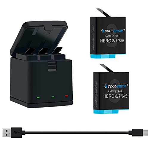 Hero 8 Battery Hero 7/6/5 Black Battery 2 Packs 1220mAh with Battery Protection Case and Triple Hero 8 Battery Charger Bundle Compatible with Hero 8 7 6 5 Black,Hero 2018 (2 Batteries and Charger)