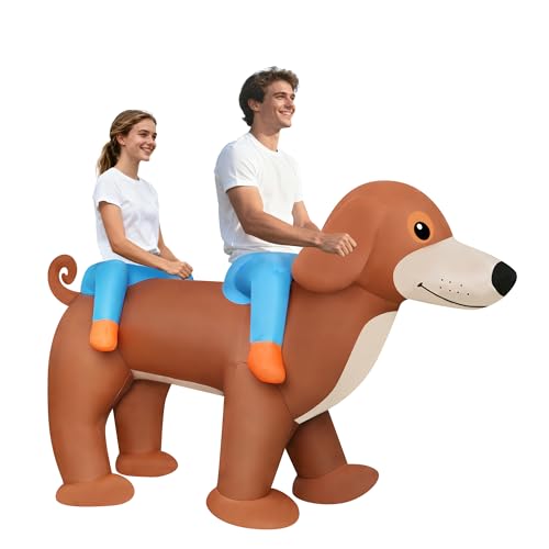 Adult Two Person Double Couple Riding Dachshund Dog Inflatable Costume Quick-Inflate Air Blow Up...