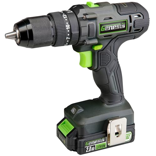 Genesis G20MAX 20V Cordless 1/2" Hammer Drill with 2.0Ah Battery & Charger, All-Metal Ratcheting Chuck, 2-Speed Range (GLHD20B)