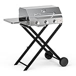 ONLYFIRE GRILLS BBQ Gas Grill 3 Burners with Foldable Cart & Wheels for Easy Transport, Stainless Steel Portable Propane Grill with Side Shelf for Outdoor Patio Backyard Barbecue Camping, GS308