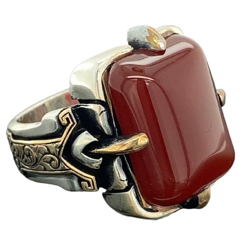 Men Handmade Ring, Red Agate Ring, Aqeeq Gemstone Ring, Ottoman Ring, TÃ¼rkish Handmade, 925k Sterling Silver, Gift For Him
