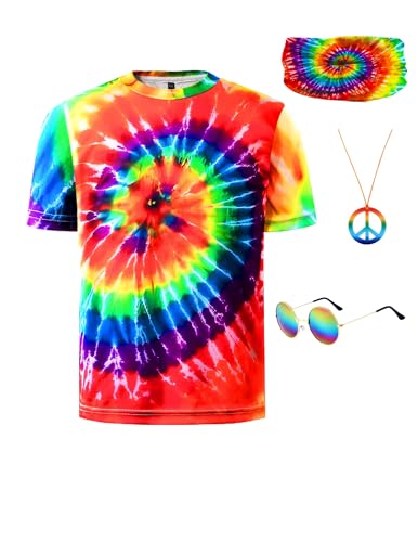 Inrajoper Boys 4 Pcs Hippie Costume Accessories Set 60s 70s Colorful Kids Fun Tie Dye T-Shirt for Theme Party 11-12 Years Multicolor