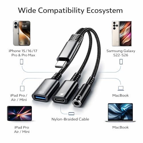 Image of Mizi 3-in-1 USB C to Headphone Jack and Charger Adapter, 60W PD Fast Charging & USB A Hub, Compatible with iPhone 15 /16 /17 Pro /Max, Samsung Galaxy, iPad Pro, MacBook, Pixel - Black
