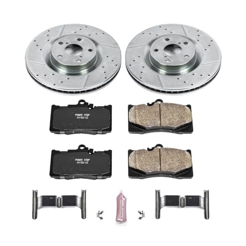 Image of PowerStop Front Brake Kit for Lexus GS350 2011 |GS450h 2011 |GS460 2011 |IS350 2011-13 - Drilled and Slotted Disc Rotors with Carbon-Fiber Ceramic Brake Pads Replacement, K6353
