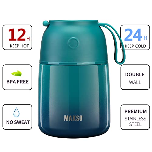 Image of MAXSO Soup Thermos for Hot Food, 17 oz Stainless Steel Vacuum Insulated Lunch Container Bento Box with Spoon for Adults, Leakproof Thermal Food Jar for Office Picnic Travel - Blue Green