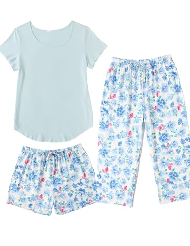 Image of Ekouaer 3 PCS Capri Pajamas for Women Set Short Sleeve Pajama Lounge Sets | Floral Pj Sets Top and Capri Pants Soft Comfy Sleepwear with Pockets for Home, Daily Wear for Mom, Wife, Grandmother
