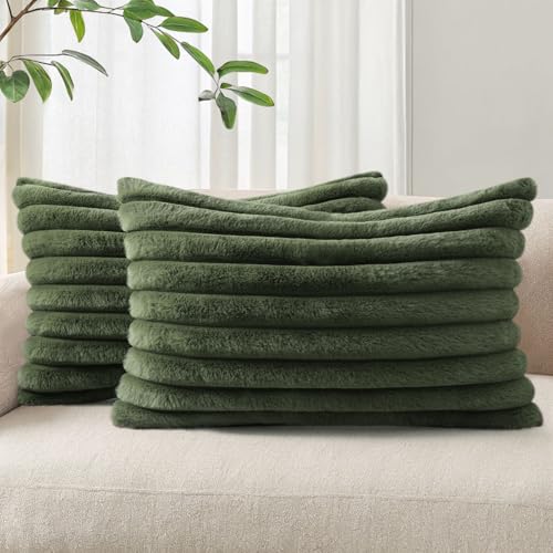 Image of Pallene Faux Fur Plush Lumbar Throw Pillow Covers 12x20 Set of 2, Luxury Soft Fluffy Striped Decorative Pillow Covers for Sofa, Couch, Living Room, Olive Green
