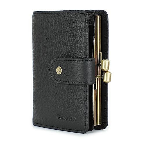 CONTACTS Full Grain Leather Kiss Lock Wallet for Women Coin Pocket Kiss Clasp Purse Small Card Holder Bifold Rfid Wallet (Black)
