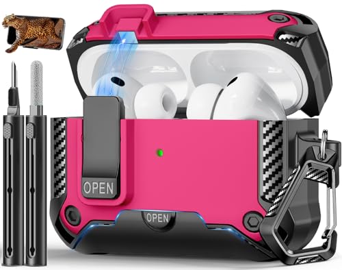 Image of for AirPods Pro 3 Case with Lock & Phone Stand(Rose red) | Automatic Snap Switch Lock,Carbon Fiber Texture Design Cover with Cleaner Kit