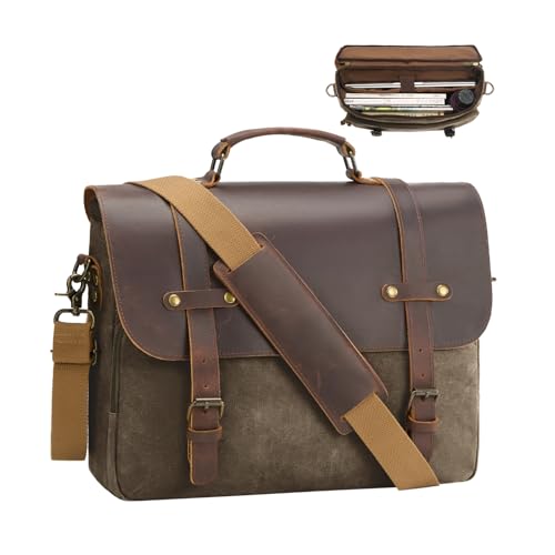 Mens Messenger Bag Waxed Canvas Laptop Briefcase 15.6“ Vintage Genuine Leather Crossbody Bags Waterproof Satchel Shoulder Bag
