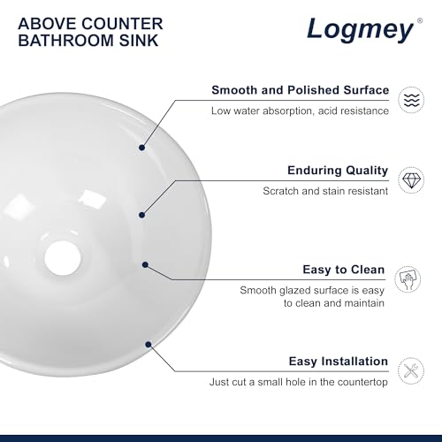 Logmey Round Bathroom Sink - 16"x16" Large White Vessel Sink Modern Above Counter Porcelain Ceramic Vessel Vanity Sink for Bathroom Basin - Thumbnail 4
