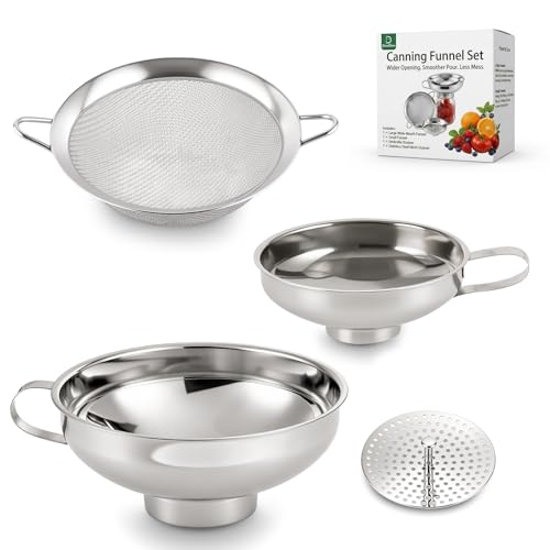 DevnDevn 4-in-1 Canning Funnel Set Stainless Steel Wide Mouth & Regular Funnels with Extended Stable Spout Umbrella Strainer & Mesh Filter Food-Grade Kit for Large Food Jars Oil Kitchen Use