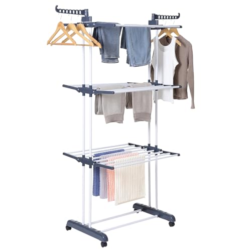 various Tendedero Vertical Plegable de Acero Inoxidable para Ropa,4 Ruedas 360°,4 Niveles con Alas Laterales,Amplio Espacio para Secar.Color Gris (Gris)