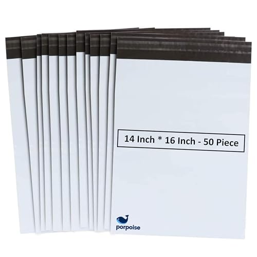 Image of Porpoise Tamper Proof Courier Bags 14 inch x 16 inch 50 Pieces White Poly Mailers Self Adhesive Shipping Bags with POD Jacket for Ecommerce Packaging Parcel Packing (50, 14 Inch * 16 Inch)