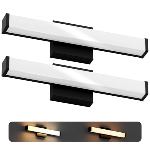 Image of 18 Inch Bathroom Vanity Light Fixtures with Night Light: Long Square Wall Mounted LED Lighting Bar Over Mirror with 5CCT & 2200K Color Changing, 120V, 780-900lm, ETL, Matte Black, 2 Packs