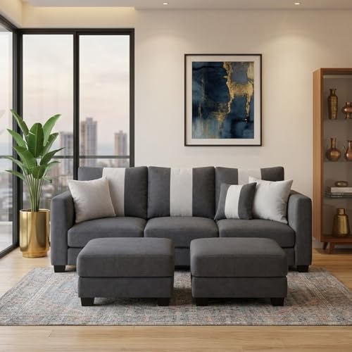 Image of Revo 5 Seater L Shape Sofa Set with 2 Movable Ottomans | Flexible Layout | Luxury Velvet Suede Fabric | Modern Living Room Sofa | Dark Grey