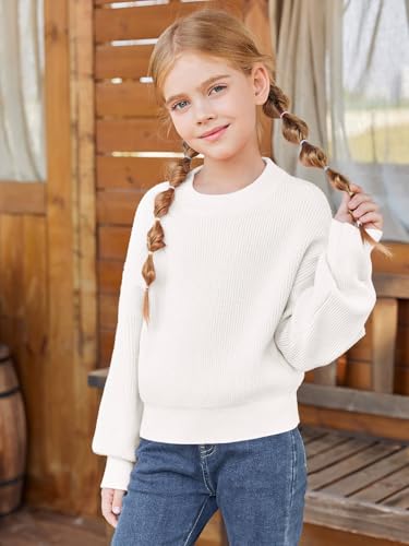 Image of Haloumoning Girls Knit Pullover Sweaters Mock Neck Long Lantern Sleeve Jumper Tops 5-14 Years