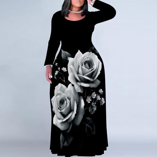 Image of PinkPatty Plus Size Maxi Dress for Curvy Women Crew Neck Long Sleeves Casual Dress Vacation Sundresses with Pockets