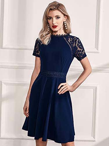 Missmay Women's Retro Floral Lace Short Sleeve Cocktail Party Swing A-Line Dress (Small, Navy Blue) #TOP3