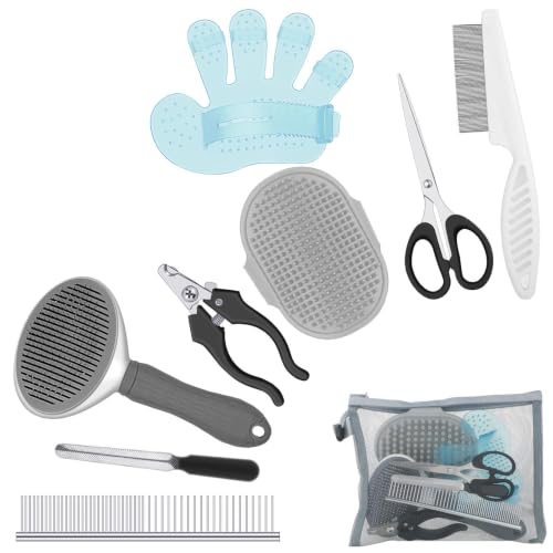 Image of Yaomiao 9 Pcs Pet Grooming Kit - Self Cleaning Slicker Brush, Shedding Comb, Nail Clippers, File, Scissors with Adjustable Strap for Dogs and Cats