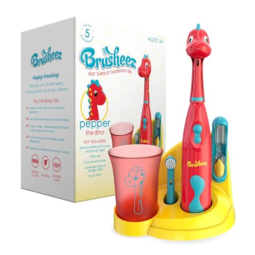 Brusheez Juego de cepillos de dientes eléctricos para niños, seguro y eficaz para mayores de 3 años, probado y aprobado por padres con cerdas suaves, 2 cabezales de cepillo, taza de enjuague,