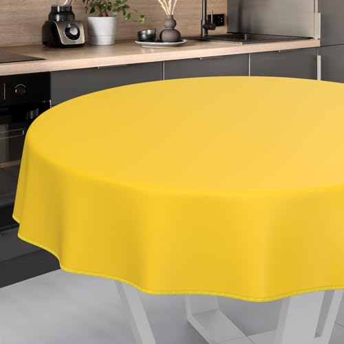 Nappe en Toile cirée Lavable, pour Table de Jardin, extérieur et intérieur, Ronde, 120 cm, avec Ourlet, Jaune