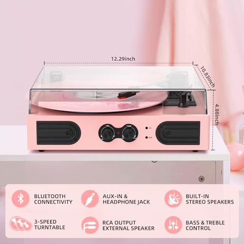Image of Vinyl Record Player with Built-in Speakers 3-Speed Vintage Record Player Support Treble& Bass Control, 3.5mm Headphone Jack, RCA-Out /Aux in, Belt-Driven LP Turntable,Pink