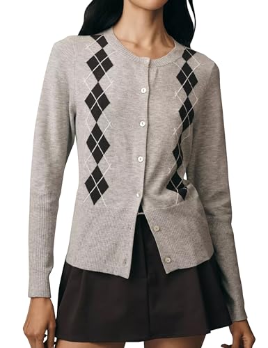 Lightweight Argyle Cardigan Sweaters for Women 2025 Fall Outfits Button Down Crewneck Knit Sweater Tops