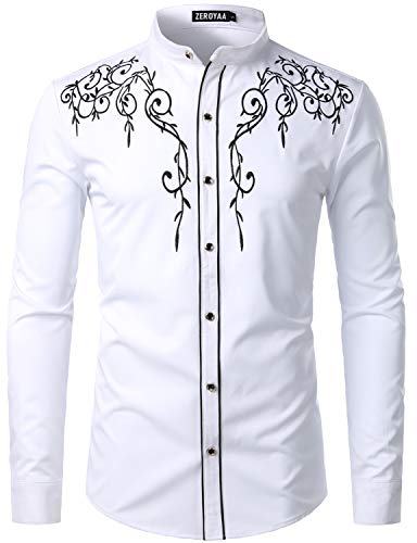ZEROYAA Men's Western Stylish Band Collar Dress Shirts Embroidery Slim Fit Long Sleeve Mandarin Collar Shirt - Main Image