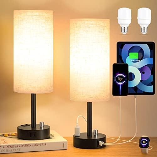 Bedside Lamps for Bedrooms Set of 2 - Fully Dimmable Nightstand Lamps with USB C Charging Port, Table Lamps with USB Ports and Outlets, Small Lamps for Living Room, Office and Dorm with Black Base