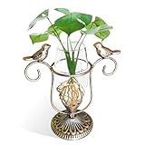 POXOH Vintage Glass Planter - Metal & Glass Propagation Vase with Gold Dual Birds Art, Retro Indoor Planter for Hydroponic Plants, Office Desk Decor, Living Room Centerpiece​