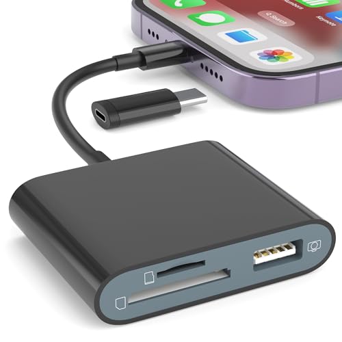 SD Card Reader for iPhone, Memory Card Reader with USB-C to Light-ning Adapter Plug and Play Trail Game Camera Micro SD Card Viewer Support SD/TF Card and USB for iPad No App Required (Black)