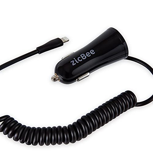 iPhone Car Charger, 4.8A/24W Car Charger Adapter with Coiled Cord and USB Port Compatible with iPhone 13 Pro Max/Pro, 12 Pro Max/Pro, 11 Pro Max/Pro/XS Max/XS/XR/X/8/7/6/5,iPad Pro/Air/Mini (Black)