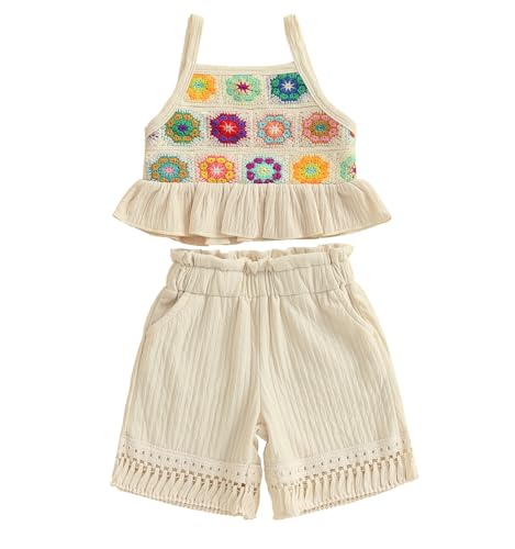 Toddler Baby Girl Crochet Outfit Floral Crocheted Camisole Top Linen Tassel Shorts Bohemian Beach Clothes for Girls