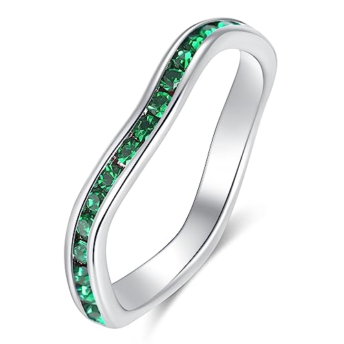 Muses Art Design Birthstone Eternity Band Ring Wave Style (Channel Set/Full Round), Stackable Fashion Ring with Crystal Birthstone